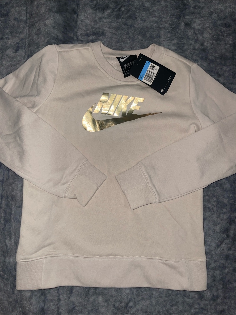Nike Men's Cream Crewneck Sweatshirt with Metallic Gold Swoosh